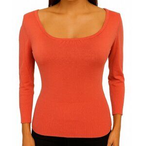 Vintage Y2K Scoop Neck Coral Sweater Minimalist 3/4 Sleeve Fall Ribbed Orange M